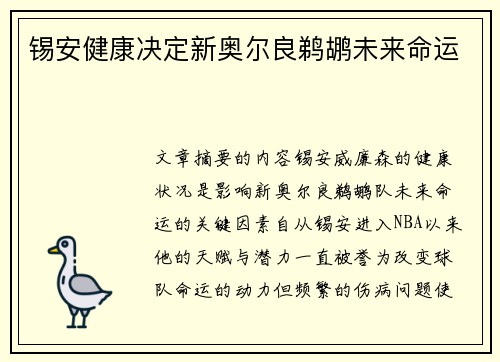 锡安健康决定新奥尔良鹈鹕未来命运