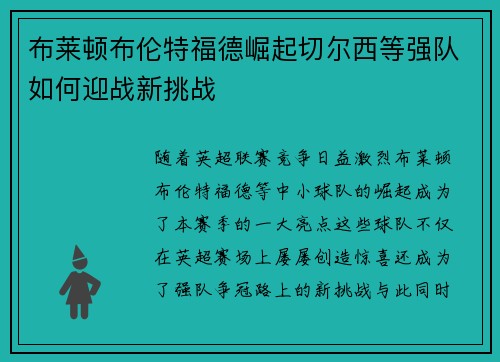布莱顿布伦特福德崛起切尔西等强队如何迎战新挑战